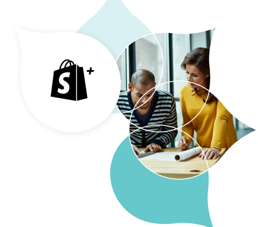 teal acquia droplet floral pattern with the shopify plus logo and an image of two people talking over documents
