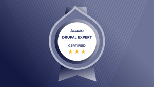 Digital graphic of Triple Certified Drupal Expert badge, the new name that replaces the old certification title of "Grand Master" 