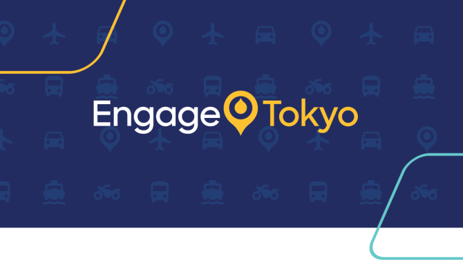 Navy background with orange and yellow parallelograms and an Acquia Engage Tokyo Logo