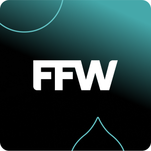black and teal gradient with teal droplets and the white FFW logo