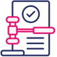 navy and pink icon of a paper with a check mark and a gavel
