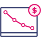 navy and pink icon of a screen with a chart and a money icon