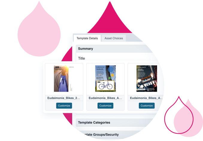pink acquia droplets with product screenshots from Acquia DAM coming out of them