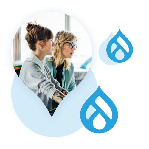 Image of two women on a laptop surrounded by drupal logos