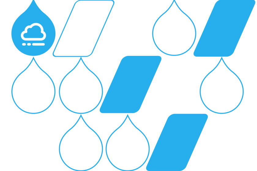 blue parallelogram and acquia droplets with one acquia cloud platform logo