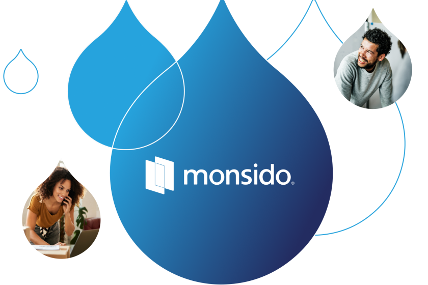 acquia dorplets with images of peopel on devices and the Monsido logo int he middle