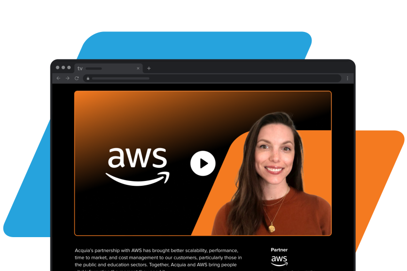 blue and orange parallelograms with dark mode chrome browser featuring a woman and the AWS logo with a play button