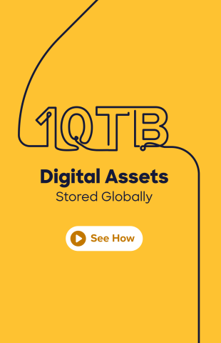 yellow background with text that reads "10 TB digital assets stored globally. see how"