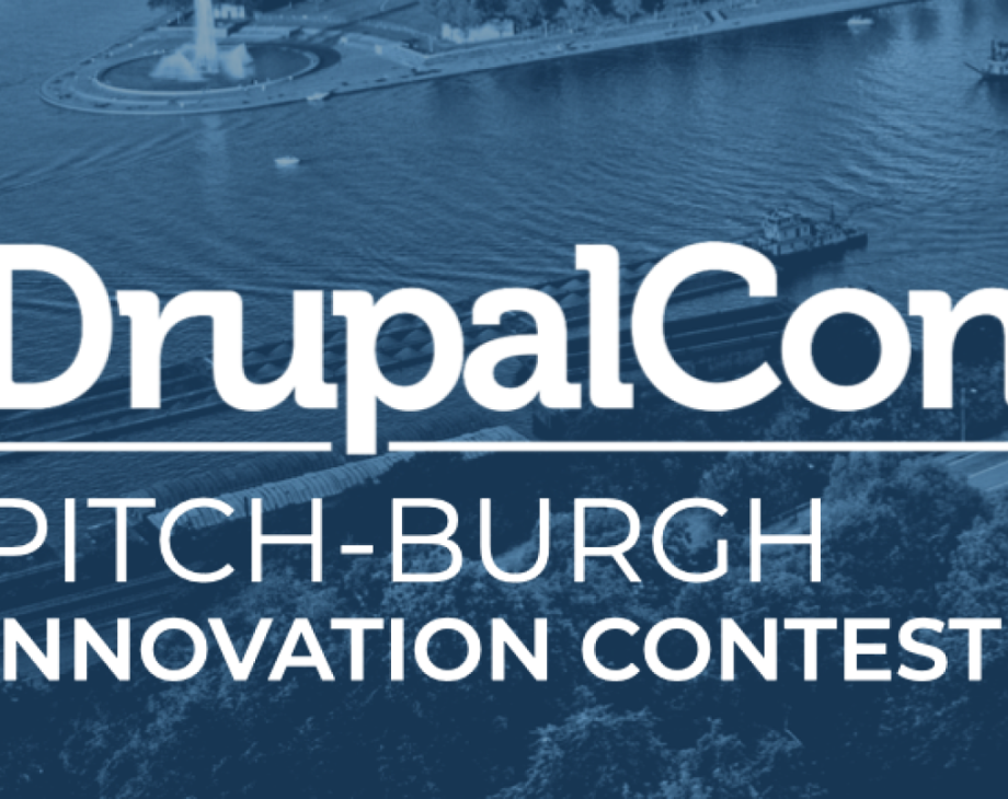 Two-color graphic promoting the 2023 DrupalCon Pitch-Burgh Innovation Contest