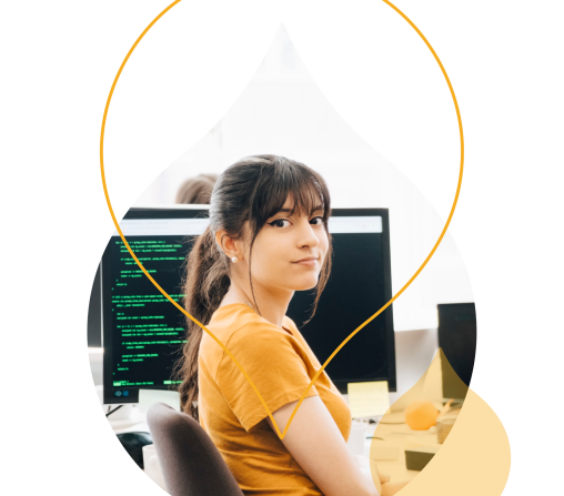 yellow acquia droplets with an image of a woman at a computer with code on it