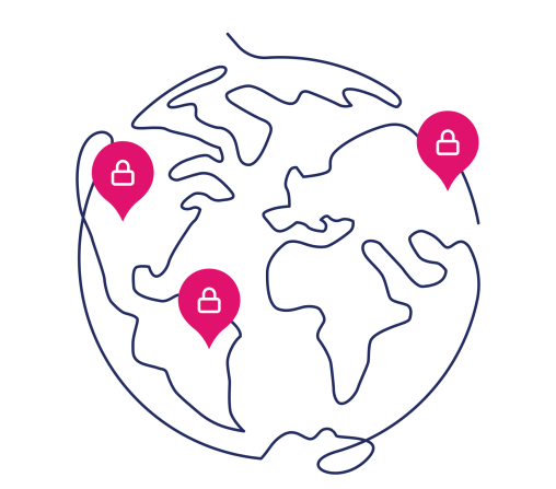 navy and pink line art of a globe with acquia droplets with locks scattered across