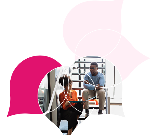 pink acquia droplets with an image of two people talking