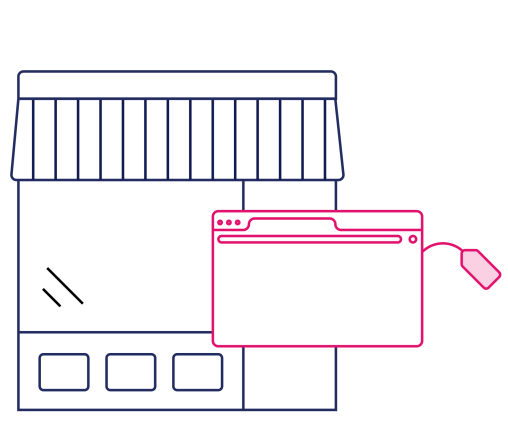 Illustration of a storefront with a browser and a product tag
