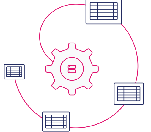illustration of connected filed with a cogwheel and a server in the middle