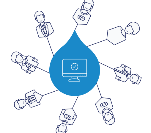 Illustration of an Acquia droplet connecting a variety of people