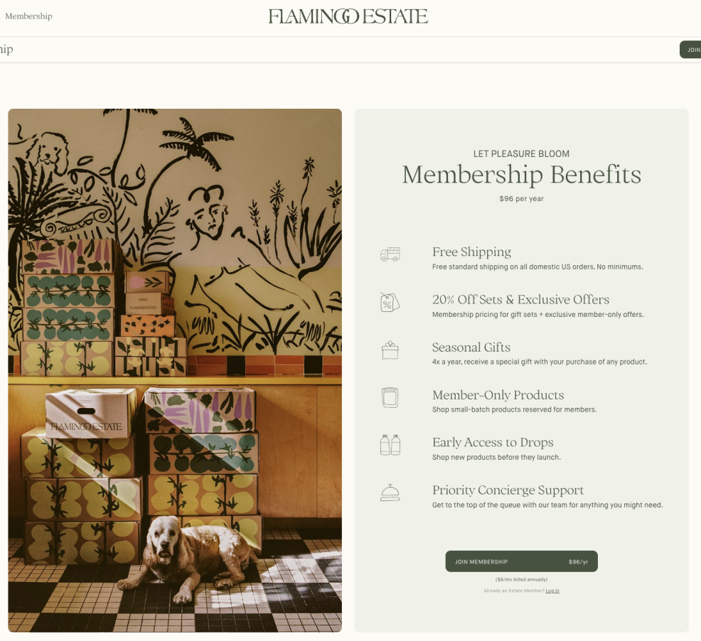 Excerpt of membership benefits page from Los Angeles-based Flamingo Estate