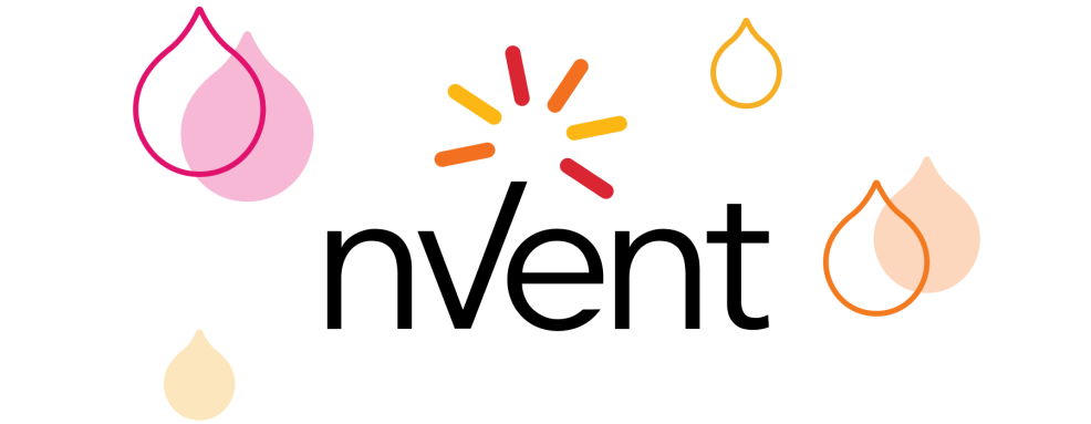 NVent logo surrounded by pink, yellow, and orange acquia droplets