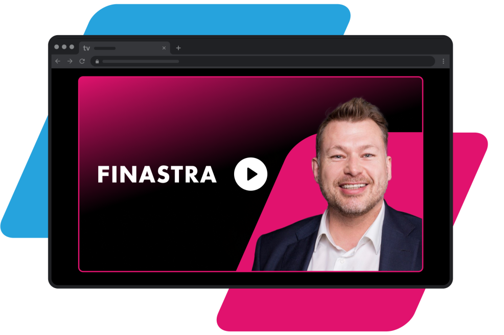 blue and pink parallelograms with dark mode chrome browser featuring a man and the Finastra logo with a play button