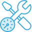blue icon of a wrench crossed by a screwdriver with a clock in the corner