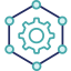 navy and teal icon of a cogwheel surrounded by connected dots
