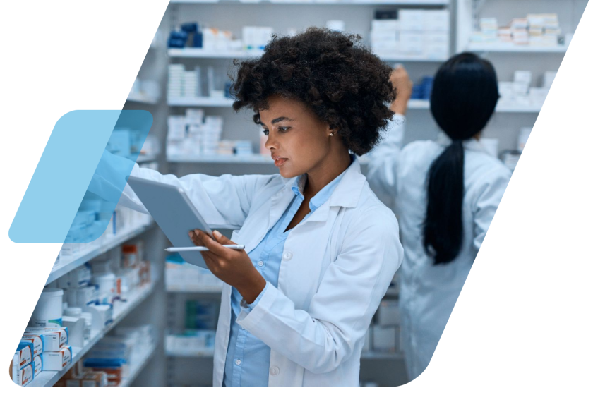 image of a person picking out a prescription at a pharmacy in a lab coat masked by a parallelogram