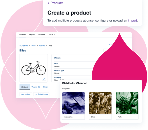 Acquia DAM product screenshots surrounded by various pink acquia droplets