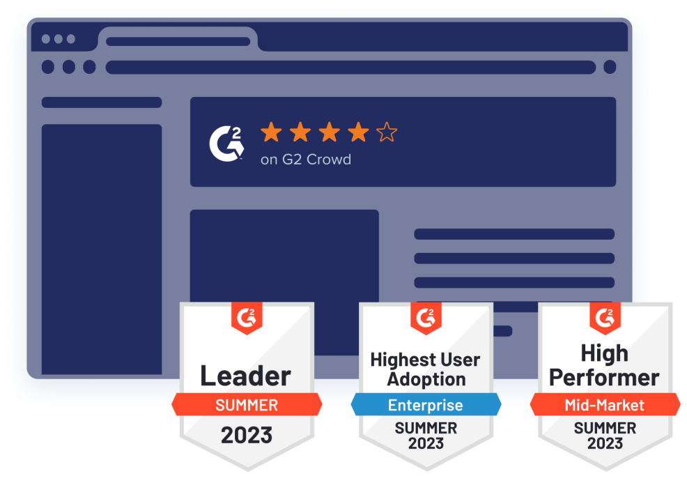 G2 Summer 2023 leadership badges overlaid on a graphic browser