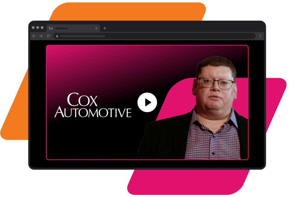 pink and orange parallelograms with dark mode chrome browser featuring a man and the Cox Automotive logo with a play button