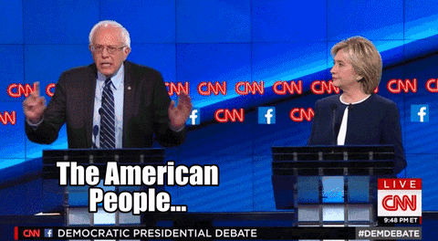 GIF of U.S. presidential hopeful Bernie Sanders debating opponent Hillary Clinton, former U.S. Secretary of State