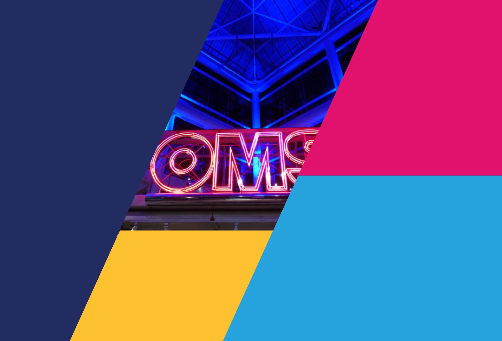 Navy, blue, pink, and yellow diagonal colors with a close up of the OMSI museum