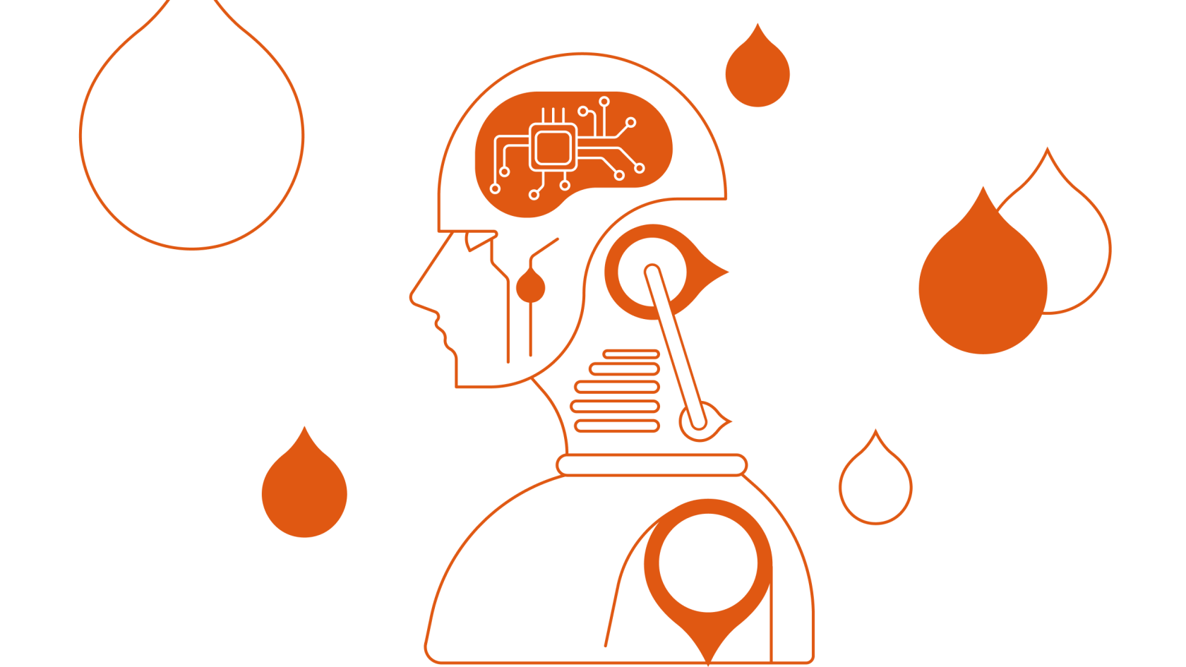 orange acquia droplets with a line art of illustration of a robot