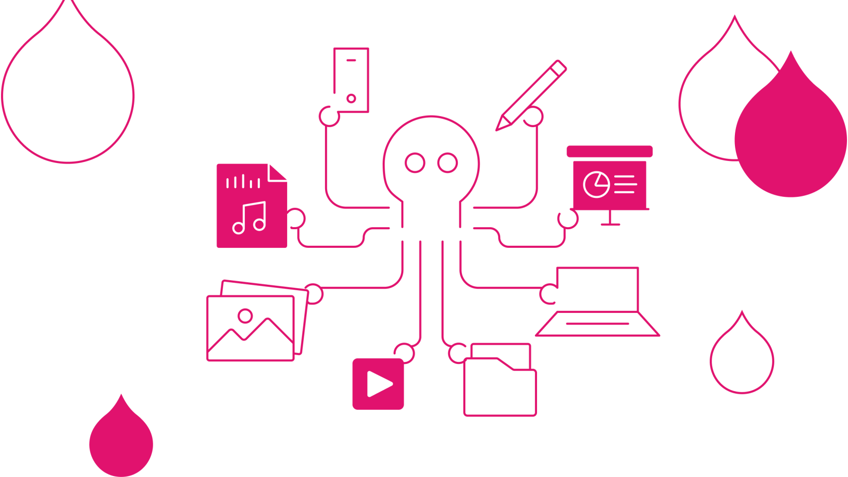 pink acquia droplets with a line art illustration of an octopus holding various media types