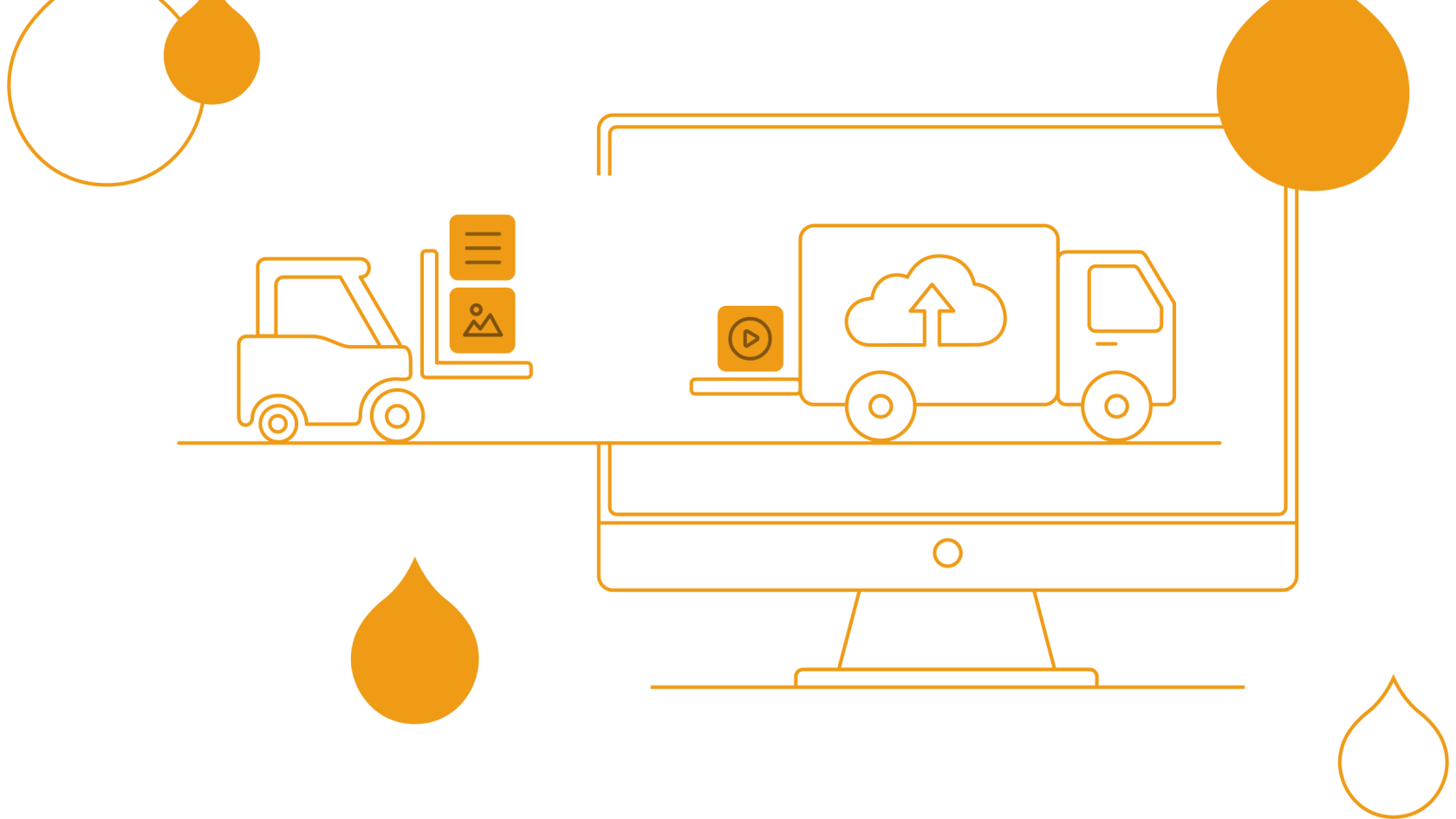 yellow acquia droplets with an illustration of trucks carrying in media files into another truck 