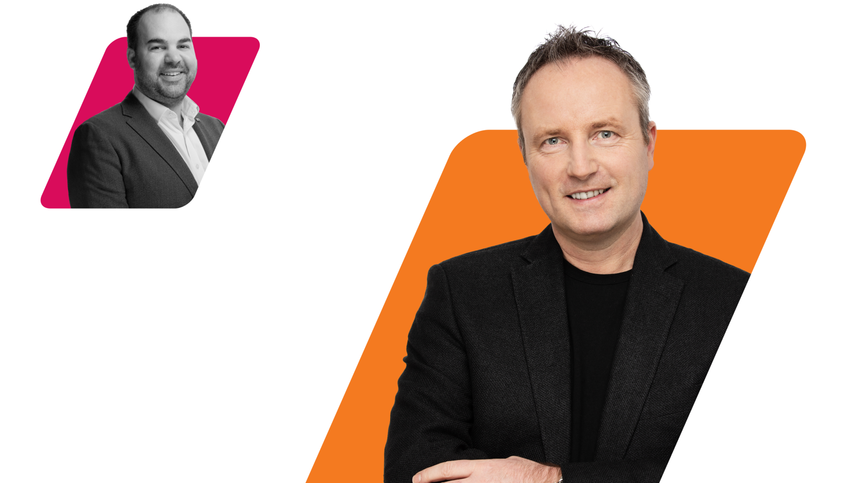 pink and orange parallelograms cropping two guests on the podcasts headshots
