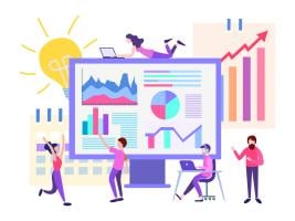 Cartoon image of graphs and people on laptops