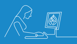 Blue and white line art of woman at desktop with the Drupal logo on the computer monitor in front of her