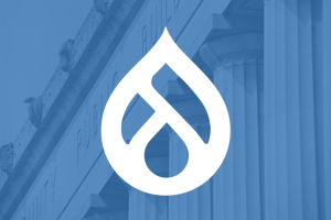 Drupal logo overlaid on public building