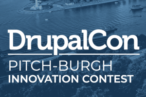 Two-color graphic promoting the 2023 DrupalCon Pitch-Burgh Innovation Contest