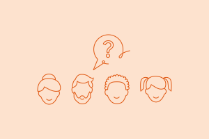 Four heads with a question mark in a speech bubble above