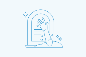 line drawing of a tombstone and an arm reaching out of the ground