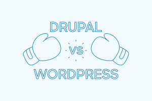 Two boxing gloves facing each other with "DRUPAL vs. WORDPRESS" text in blue outline style