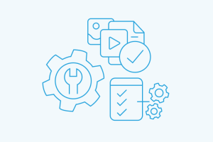 Blue line icons showing document with play button, gear with download arrow, checkmark, and clipboard with checklist