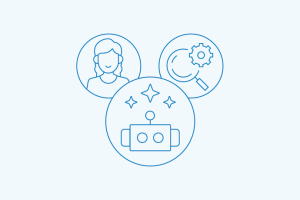 Three blue circular icons showing user profiles, settings gear, and goal target with arrows