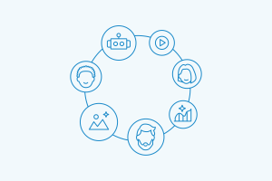 Seven interconnected circles containing business icons including analytics, security shield, and collaboration symbols