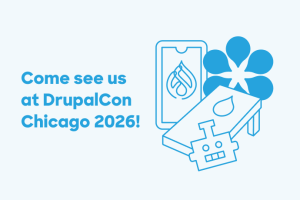 DrupalCon Chicago 2026 promotional graphic with blue robot mascot holding Drupal logo
