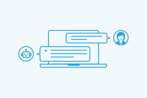 Laptop computer with chat bubbles and user icons representing online communication