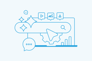 Light blue line drawing of computer screen with paper airplane, chat bubble, and sparkles