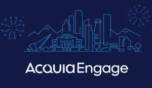AcquiaEngage logo with blue cityscape illustration featuring buildings, mountains, and decorative elements