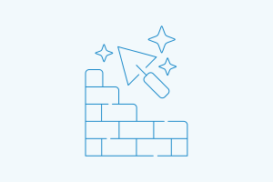 Blue line drawing of brick wall with magic wand and sparkles