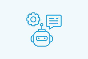 Chatbot icon with gear and speech bubble symbols in blue outline style